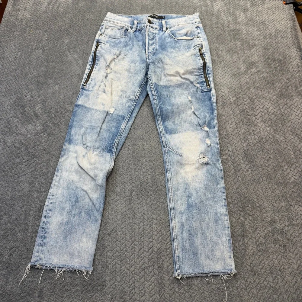 Hudson Jeans Mens 32x28 Distressed Light Wash Blue Denim Button Fly Raw Hem Moto